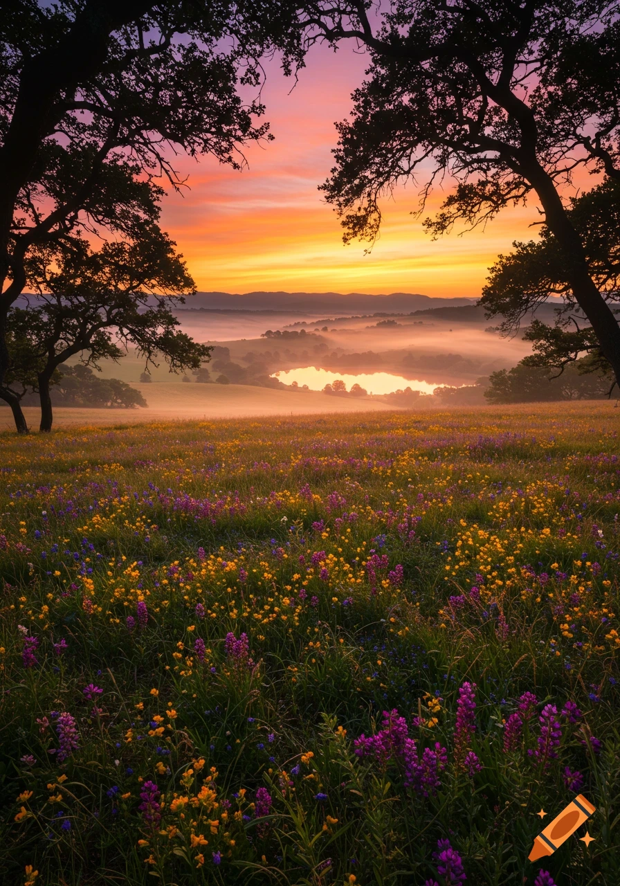 A vibrant sunset over a misty valley with a lake, framed by silhouetted ...