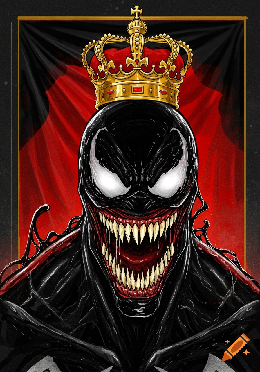 An angry Marvel's Venom wearing a golden king's crown, with glowing white eyes and sharp teeth, against a black and red flag.