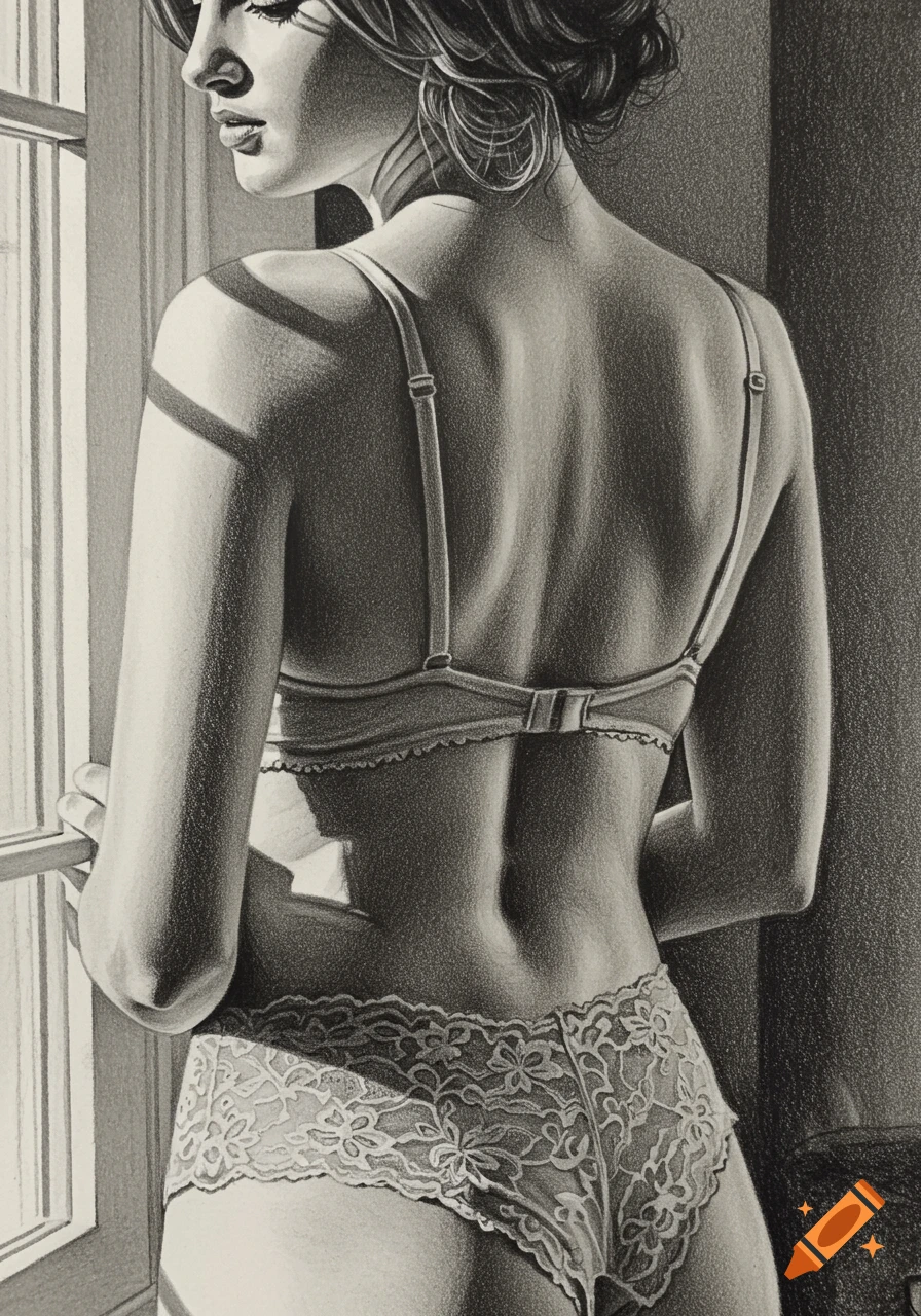 Pencil drawing of a woman in lingerie, seen from behind, looking out a sunlit window.