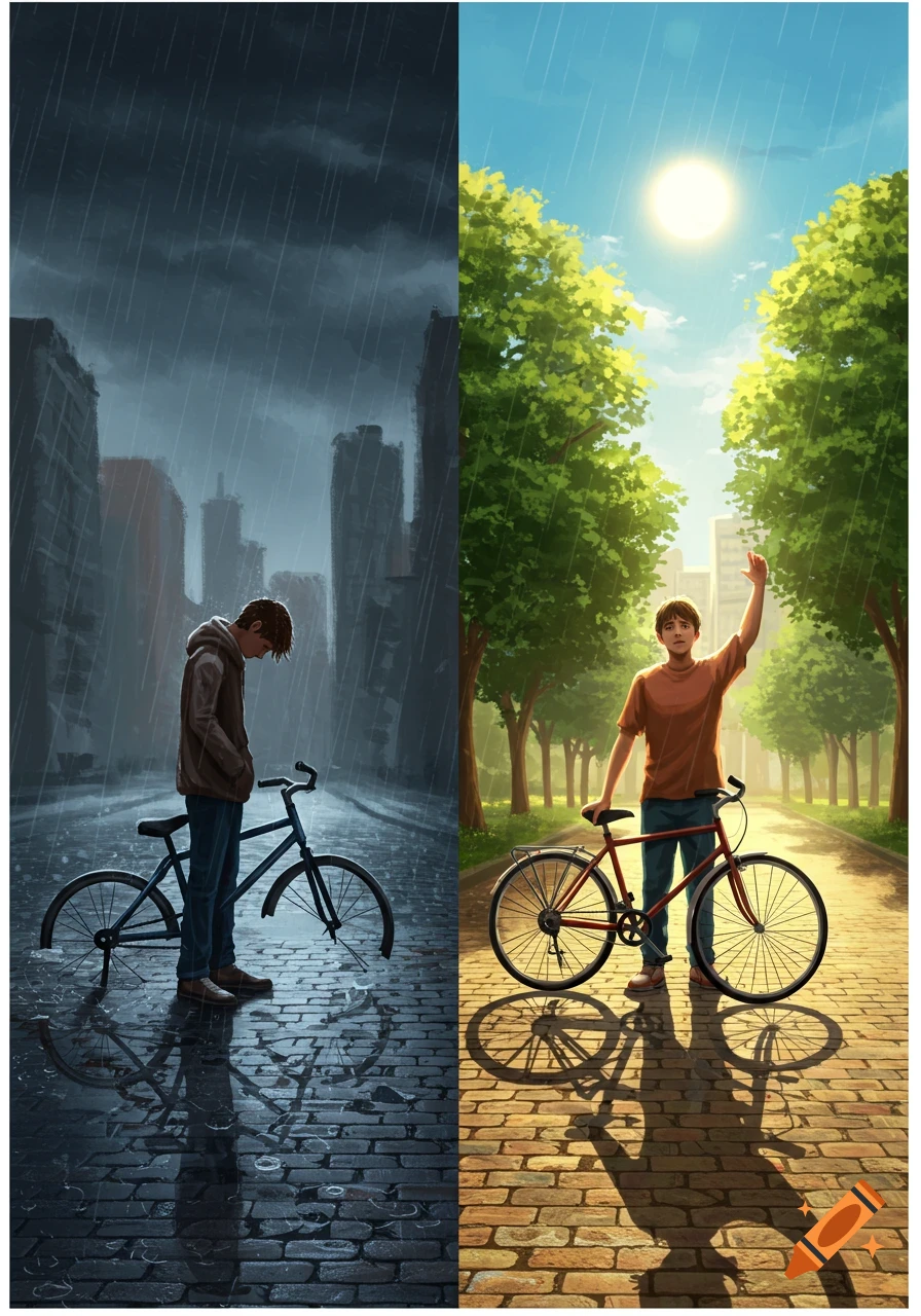 Illustration of a boy and bicycle, split panel. Left: rainy city, boy sad with broken bike. Right: sunny park, boy happy with repaired bike.