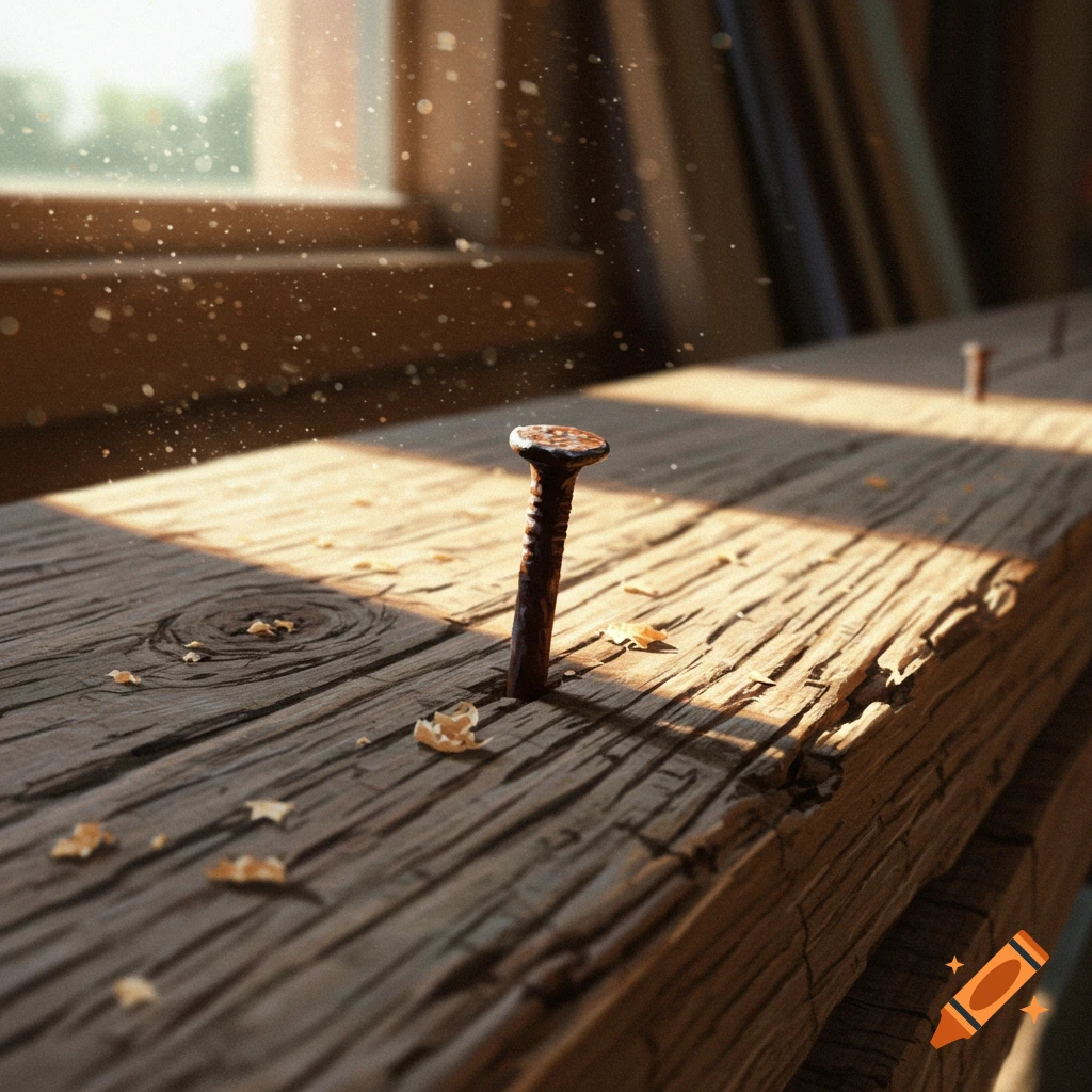 Close-up of a rusty nail partially hammered into a weathered wooden plank, illuminated by sunlight streaming through a window.