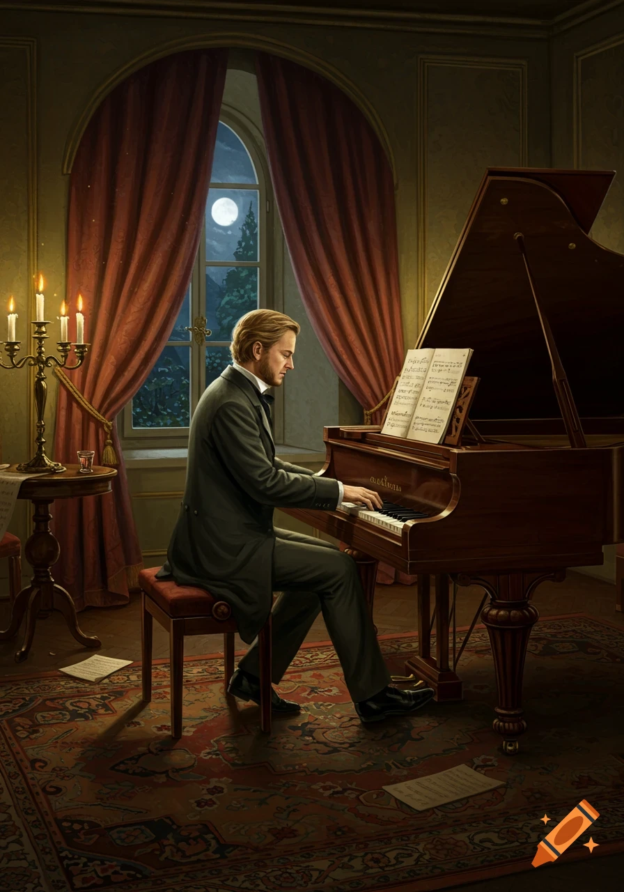 A man in a suit plays a grand piano in a dimly lit, richly decorated room with red curtains and a moonlit window.