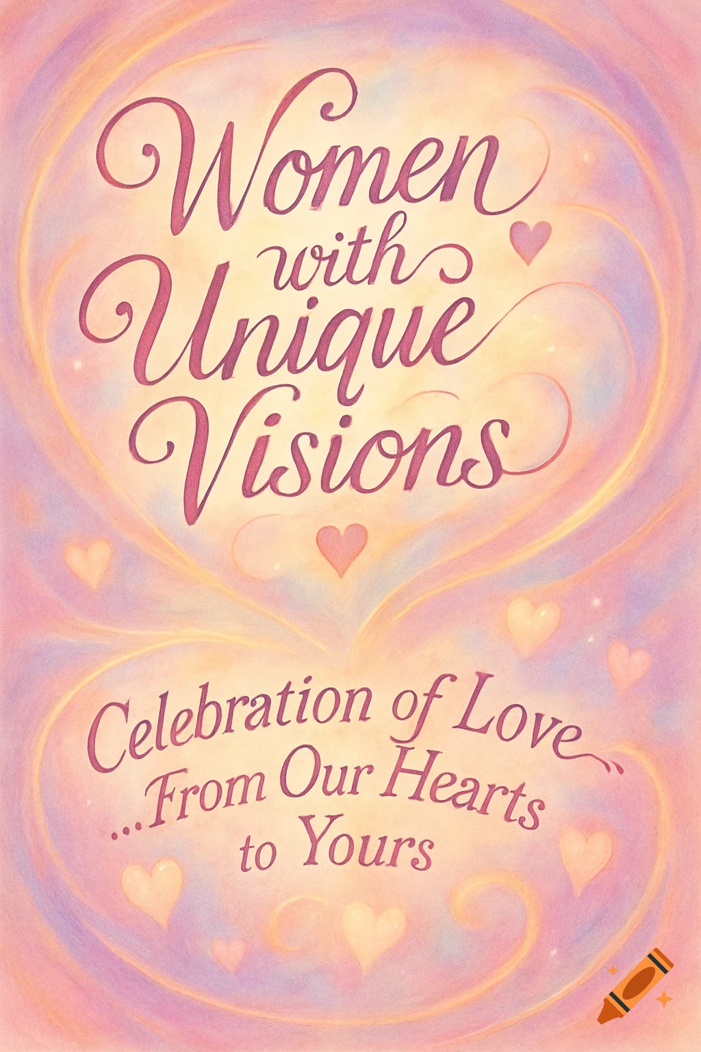 Calligraphy 'Women with Unique Visions' and 'Celebration of Love...From Our Hearts to Yours' on a pastel background with hearts.