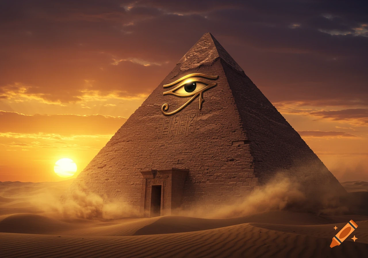 A golden Eye of Horus symbol on a large pyramid in a desert at sunset, with sand dunes and dust around its base.
