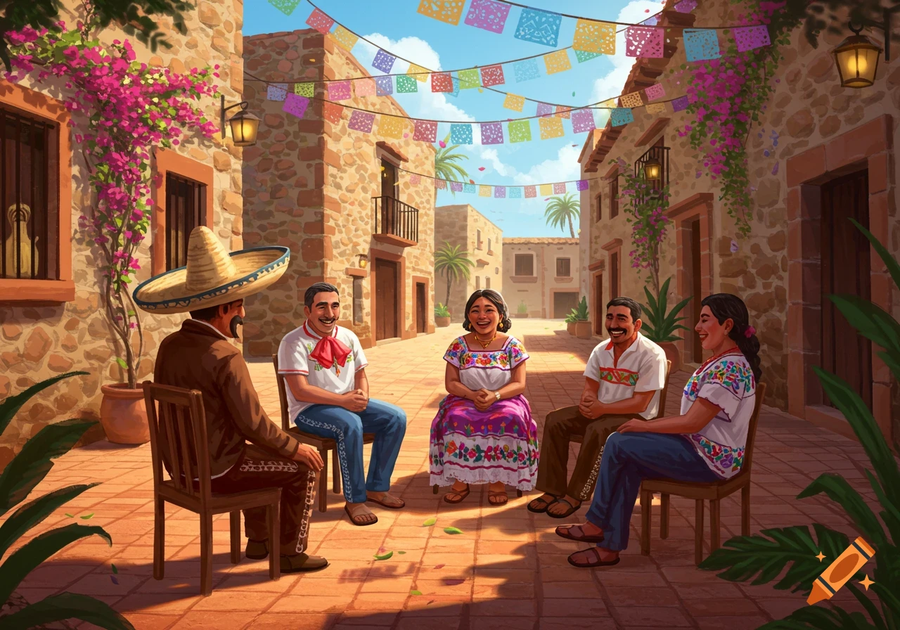 Five people in traditional Mexican attire sit in a sunlit alley decorated with colorful papel picado banners and flowering vines.