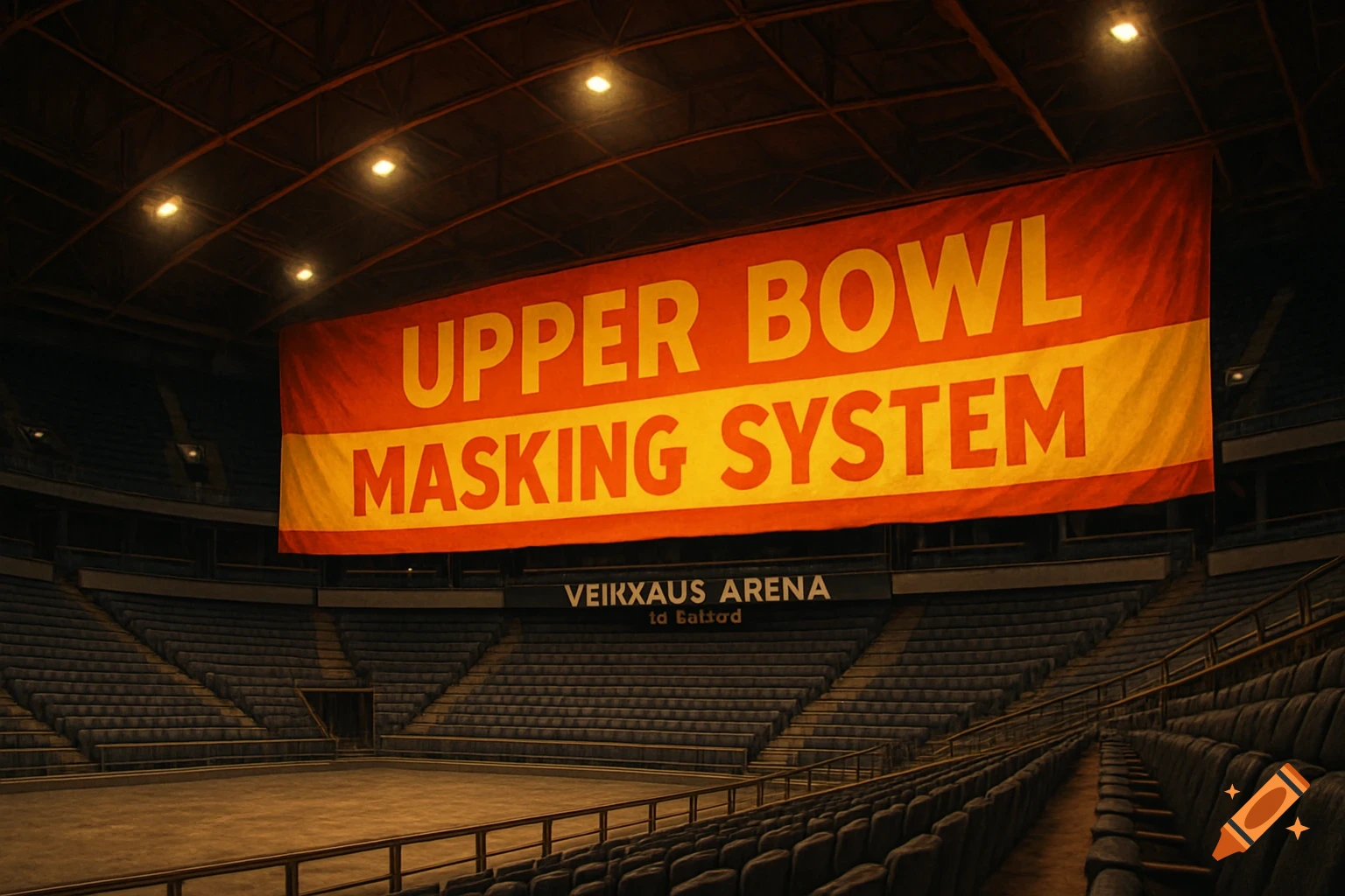Photorealistic view of an empty arena interior with a large red and yellow 'Upper Bowl Masking System' banner and empty dark seats.