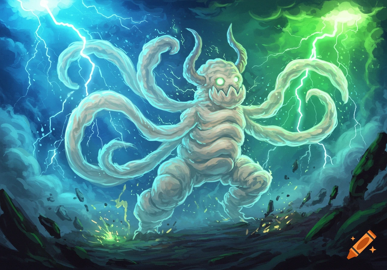 A gassy, tentacled monster with glowing green eyes and horns stands in ...