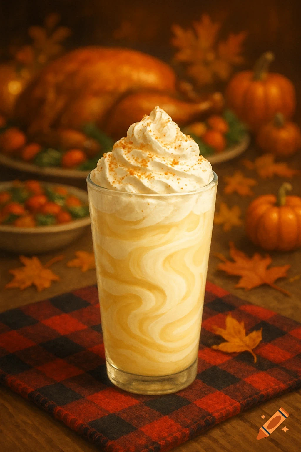 Creamy lemonade with whipped cream and crumbs on a red flannel placemat. Blurred Thanksgiving feast with turkey, pumpkins, and autumn leaves in background.