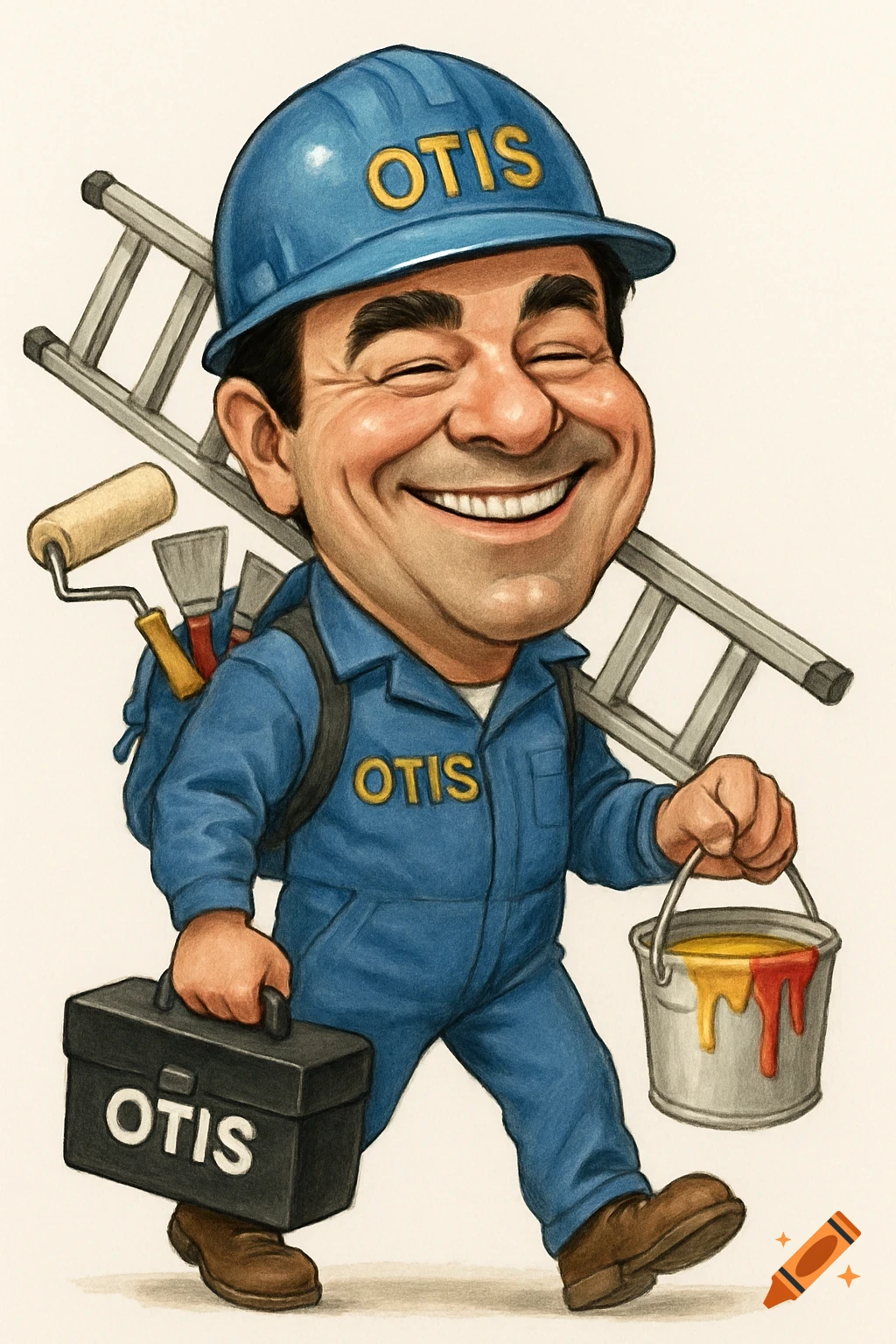 A cheerful cartoon worker named Otis, wearing a blue hard hat and uniform, carrying a toolbox, paint bucket, and ladder.