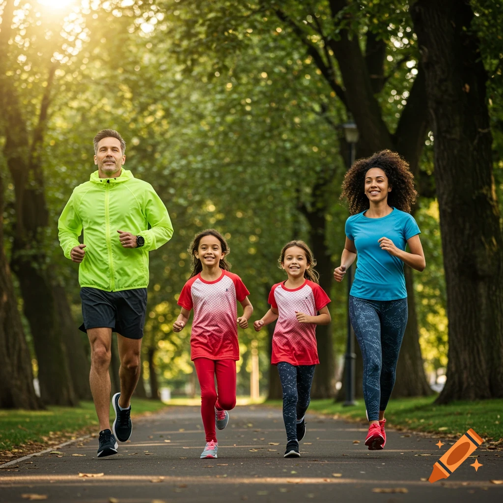A diverse family of four, including two children, jogging happily on a path through a sunlit park. Photorealistic.