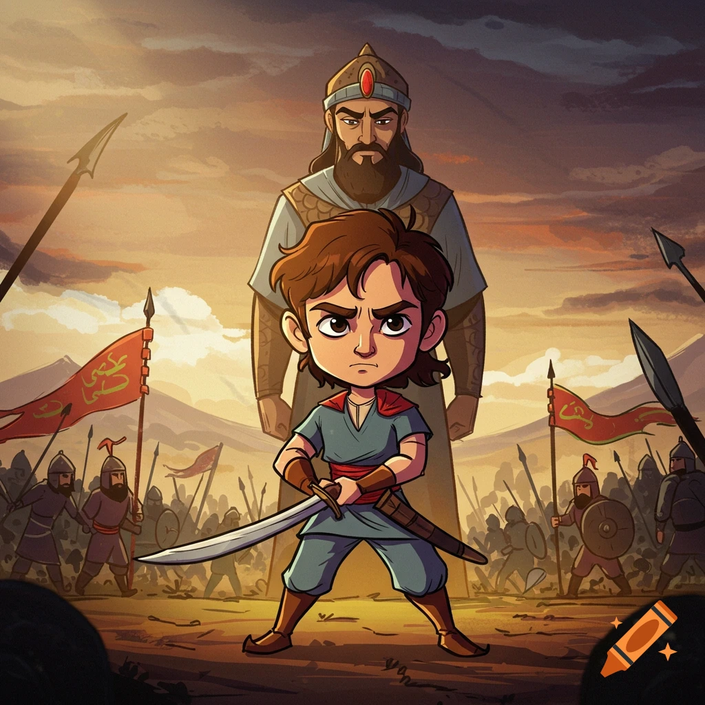 Cartoon style illustration of a serious young warrior with a sword standing before an adult warrior and a battlefield at sunset.