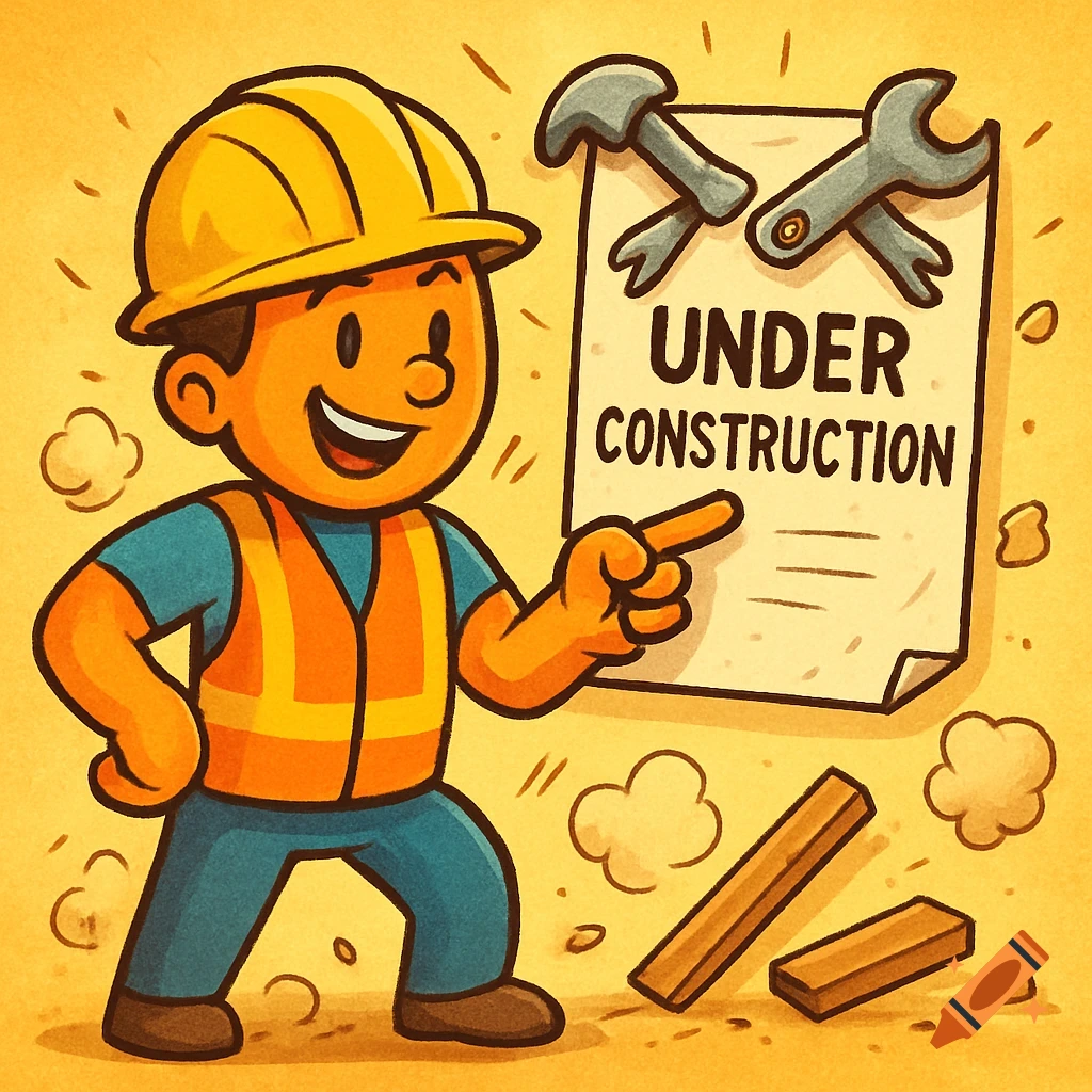 A cartoon construction worker in a yellow hard hat and orange safety vest points to a sign that reads "UNDER CONSTRUCTION".