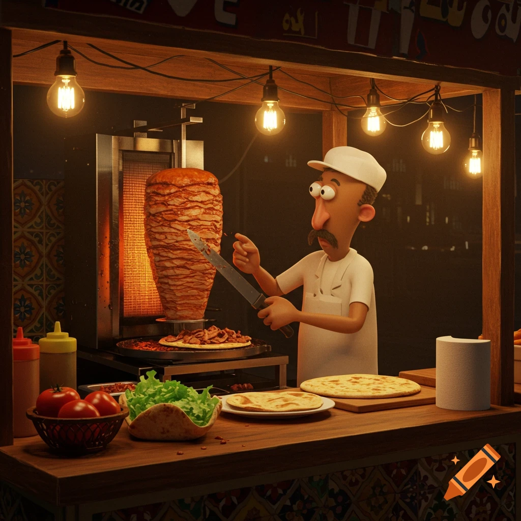 A cartoon chef with a mustache carves meat from a large vertical rotisserie for shawarma at a dimly lit food stall.