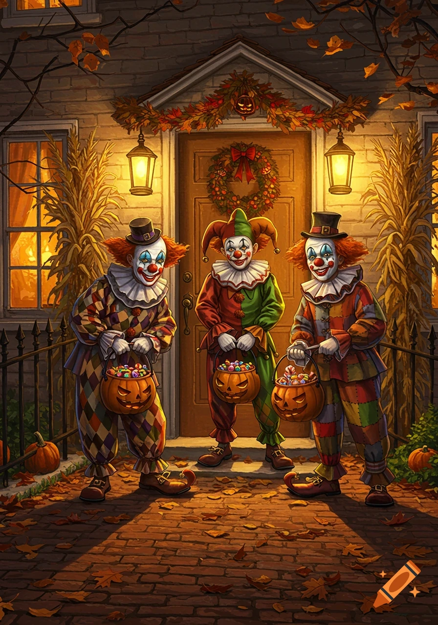 Three clowns in colorful costumes hold pumpkin candy buckets, trick-or-treating at a festive, autumn-decorated house at night.