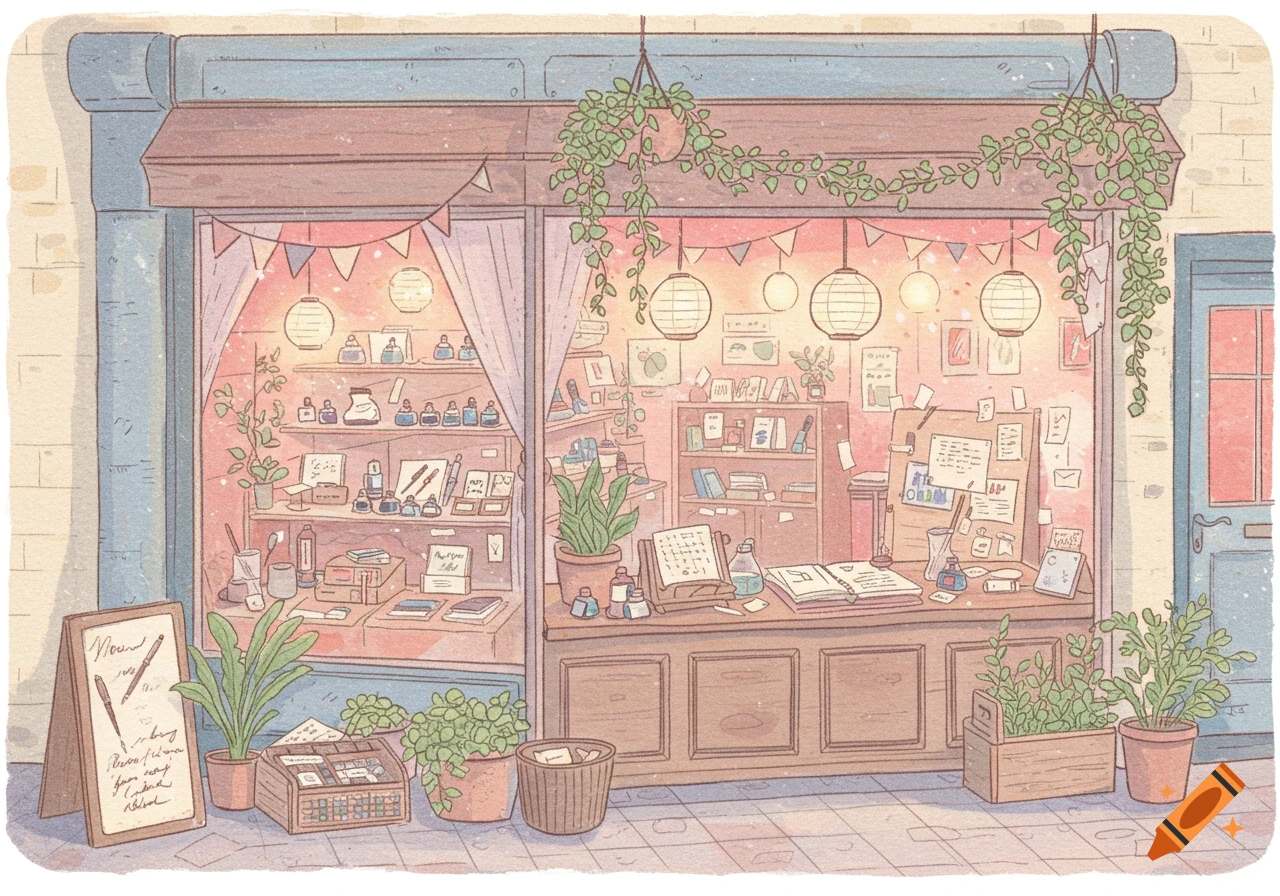A quaint, pastel-colored illustration of an old-fashioned stationery shop exterior with an inviting window display, plants, and lanterns.