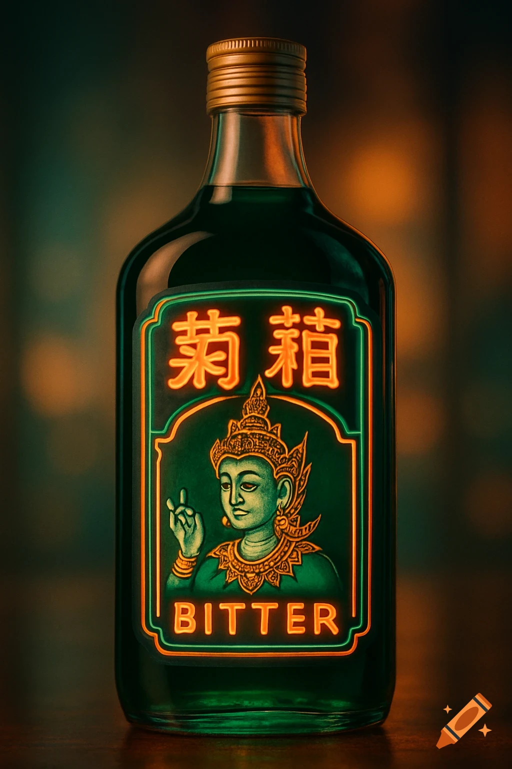 Dark green liquor bottle with a retro-chic label featuring a green Thai god, neon orange 'BITTER' text, and Asian characters.