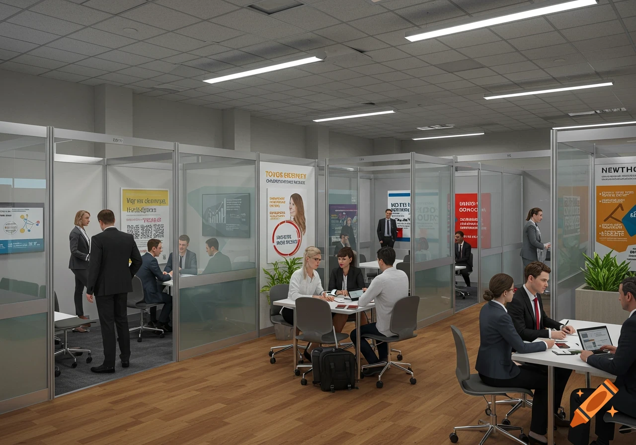 A busy job fair hall or open-plan office with people in business attire in glass-partitioned meeting spaces and at shared tables.
