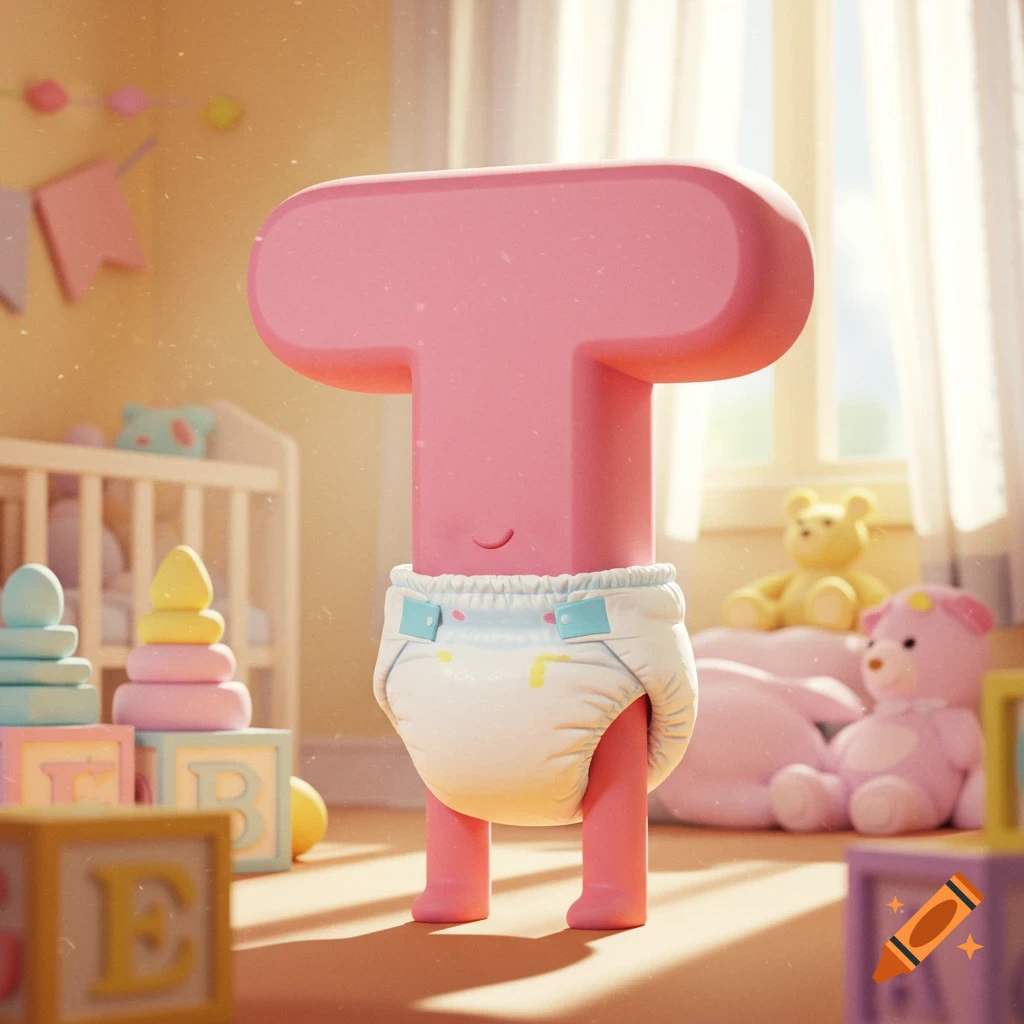 A pink 3D letter T with a smiling face, wearing a diaper, stands in a brightly lit baby's room with toys and alphabet blocks.