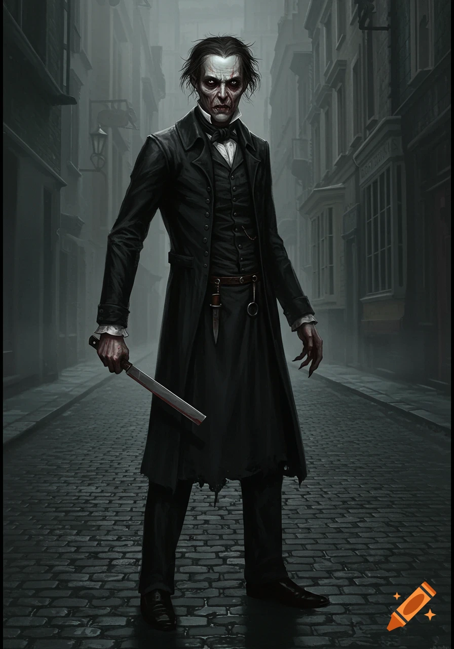 A pale, gaunt man with sunken eyes and disheveled hair, dressed in a black Victorian suit, stands on a cobblestone street in a foggy London alley, holding a blood-stained butcher knife.