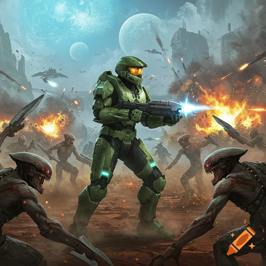 Master Chief in green armor battles menacing aliens on a desolate planet, with explosions and spacecraft.
