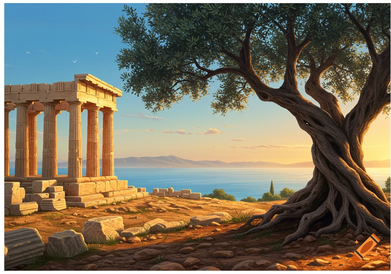 Ancient Greek temple ruins and a gnarled olive tree overlooking a calm ...
