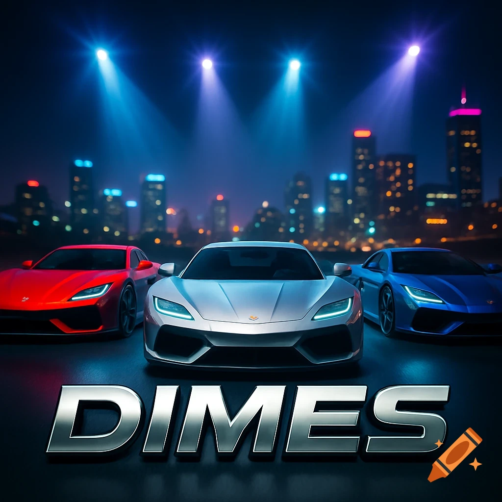 Three sports cars (red, silver, blue) in front of a neon city skyline at night, with "DIMES" in metallic 3D text.
