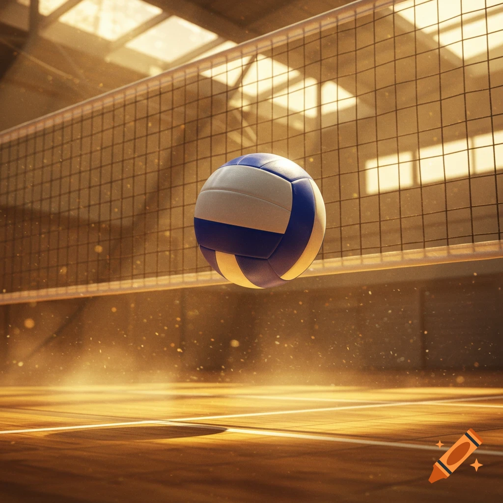 A white and blue volleyball floats above a net on a brightly lit indoor court, with dust particles in the air.
