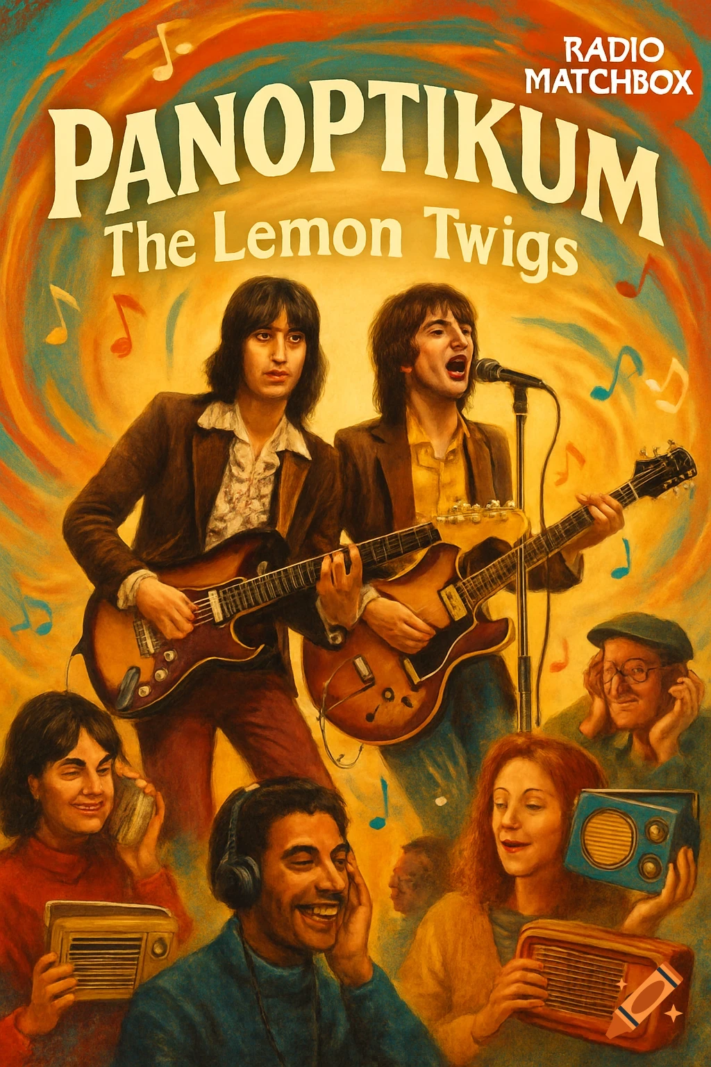 A retro-style illustration shows The Lemon Twigs playing guitars, surrounded by people listening to music on radios.