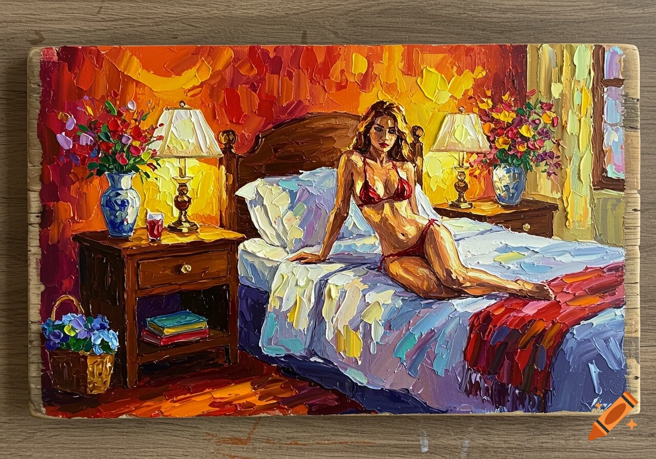Impasto oil painting of a woman in a red bikini reclining on a bed in a vibrant bedroom scene.