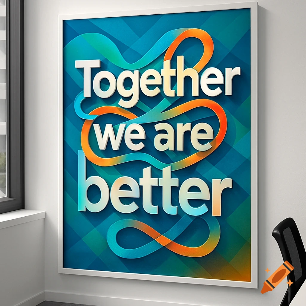 A colorful poster in an office with the words 'Together we are better' in white 3D letters over a blue and orange ribbon design.