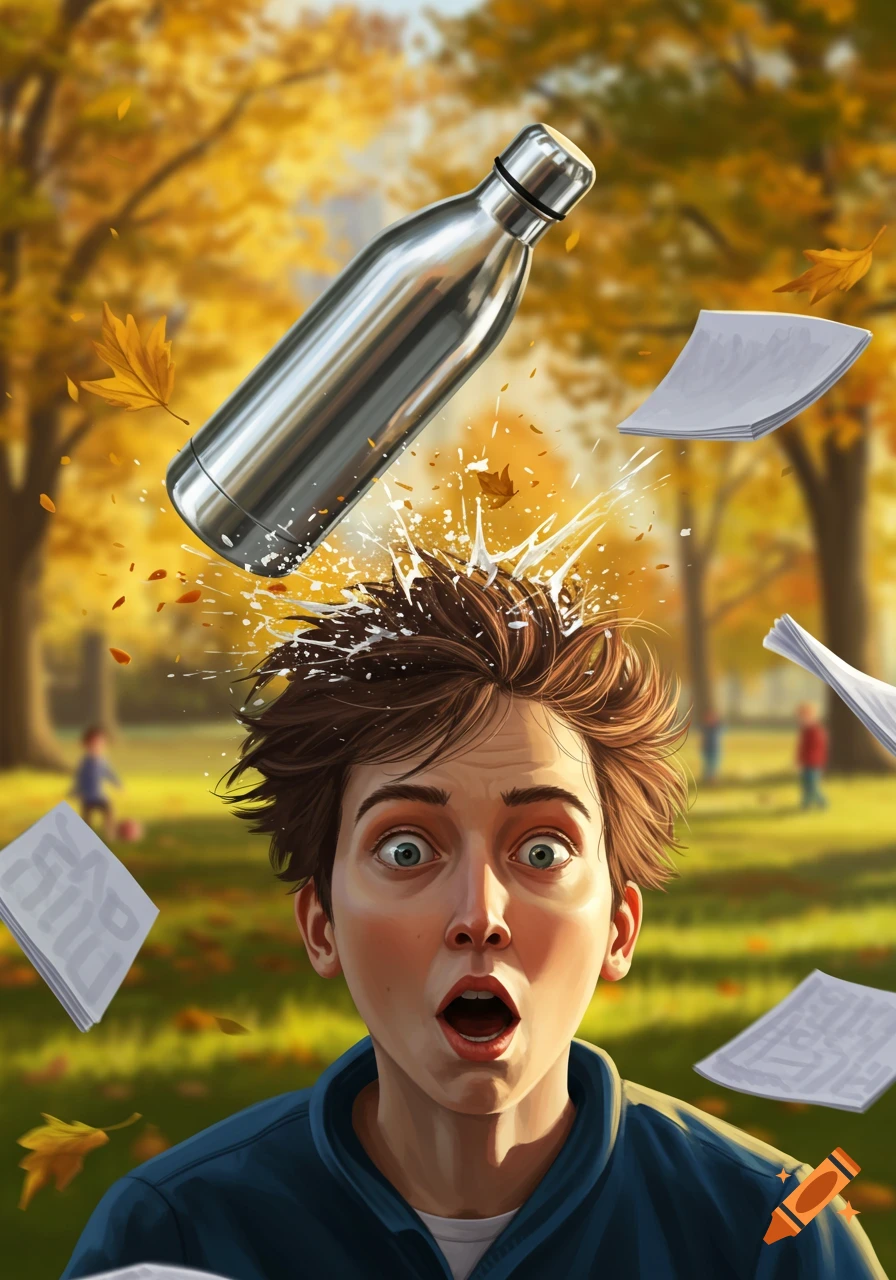 Cartoon illustration of a shocked boy in an autumn park as a metal water bottle hits his head, splashing water and papers.