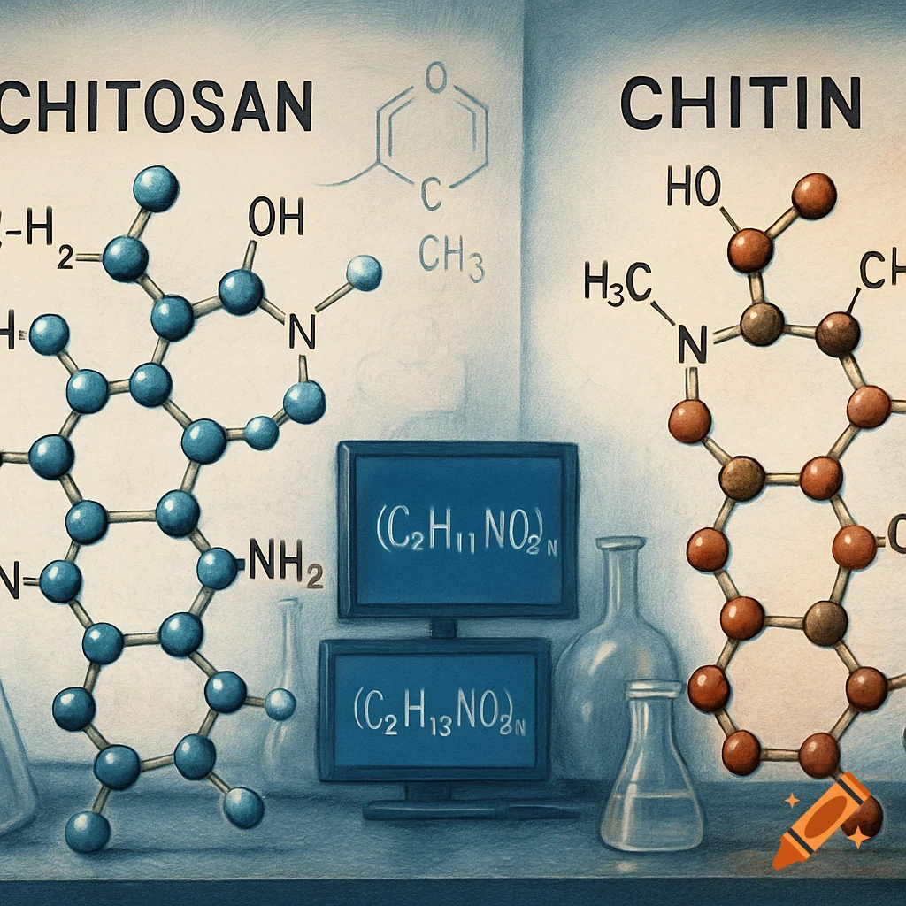An illustration comparing the chemical structures of Chitosan and Chitin, displayed with molecular models and formulas on screens in a laboratory setting.