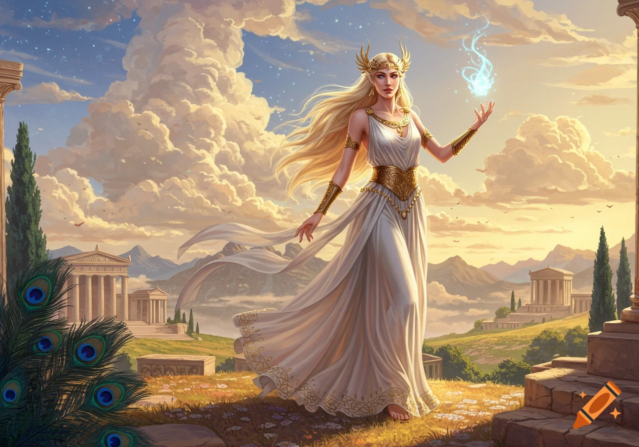 A beautiful fantasy goddess with long blonde hair, a golden crown, and a white gown, holding a glowing blue orb, stands amidst ancient Greek ruins and mountains under a cloudy sky.
