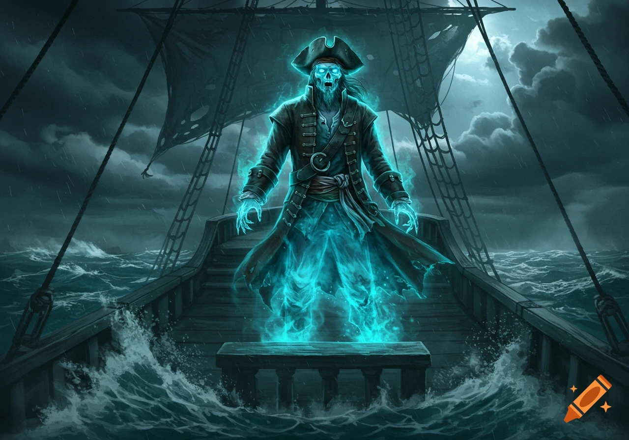 A glowing blue phantom pirate captain with a skeletal face stands on the deck of a ship amidst stormy seas.