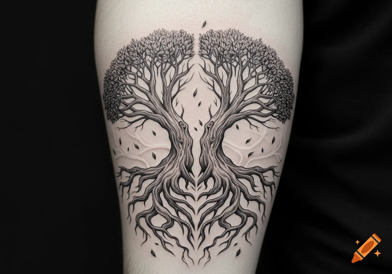 Black and white tattoo of two intertwining trees with roots and branches on a person's arm.