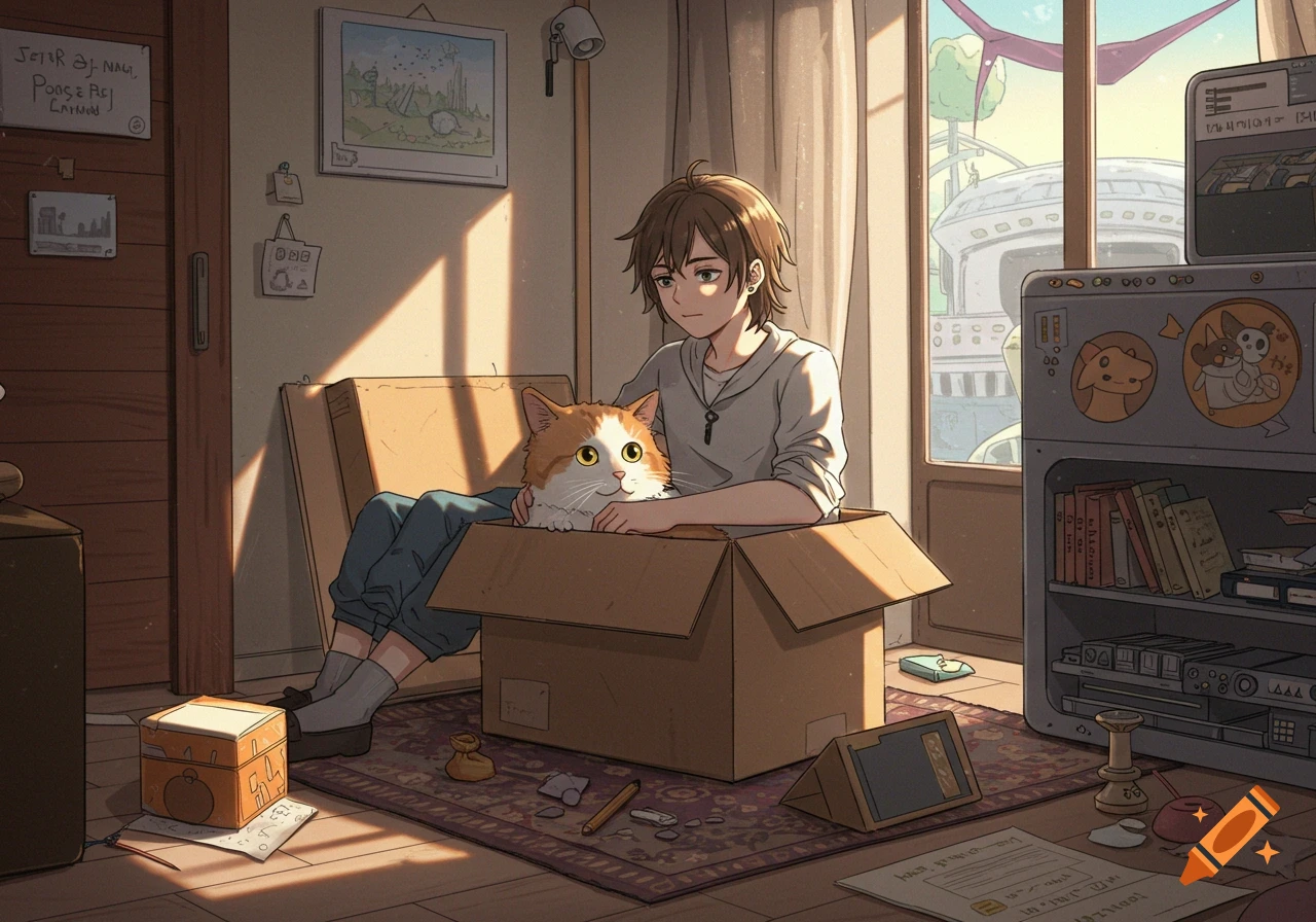 An anime-style image of a young person sitting in a cardboard box with a fluffy orange and white cat on their lap, in a sunlit room with sci-fi elements visible outside the window.