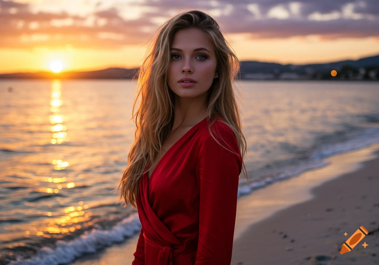 Photorealistic portrait of a blonde woman in a red dress standing on a ...