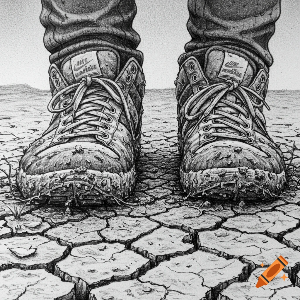 A detailed pencil drawing of old, muddy sneakers standing on dry, cracked earth, viewed from a low angle.