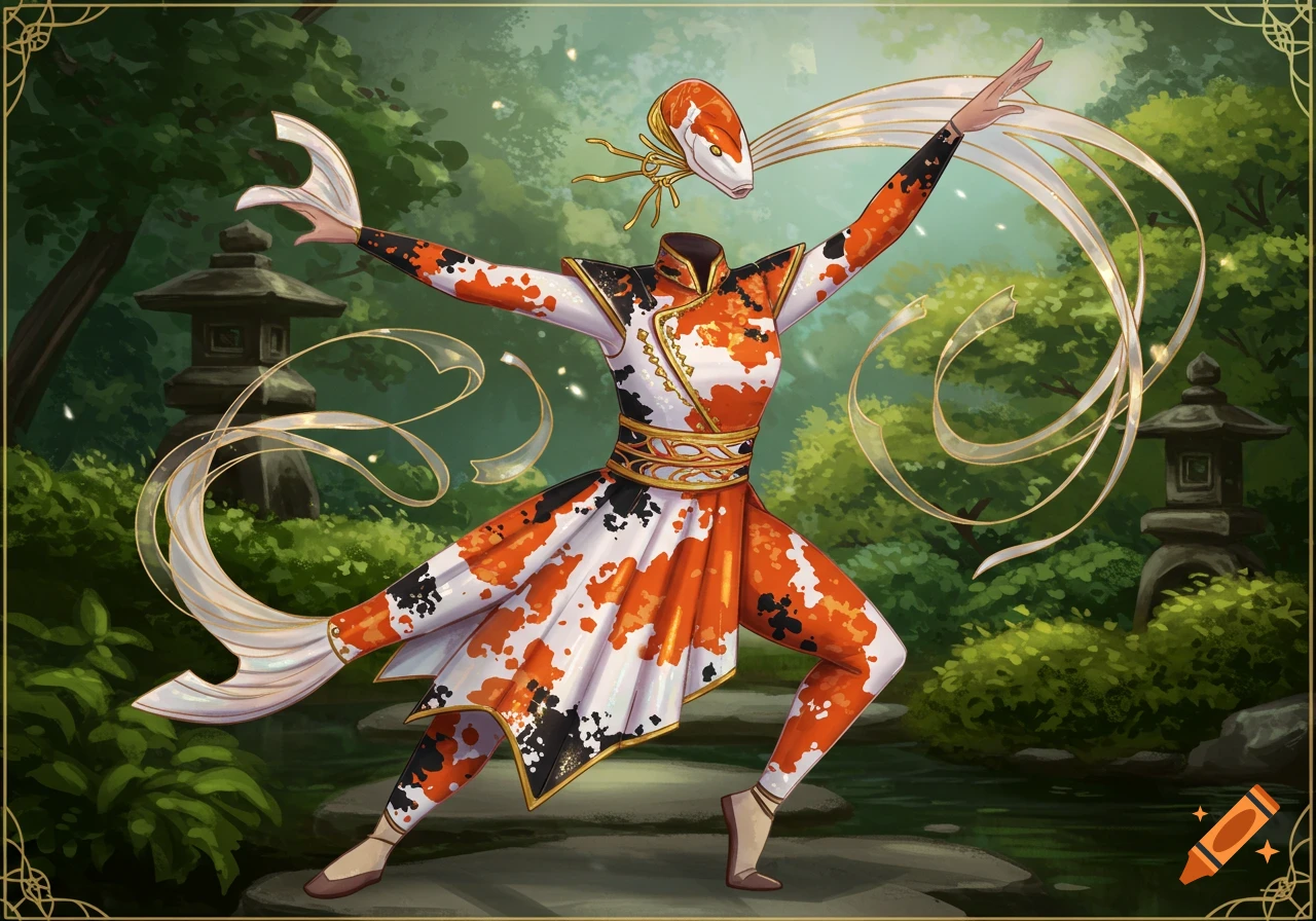 A headless figure in a white, orange, and black koi fish-patterned uniform poses with flowing ribbons in a lush Japanese garden.