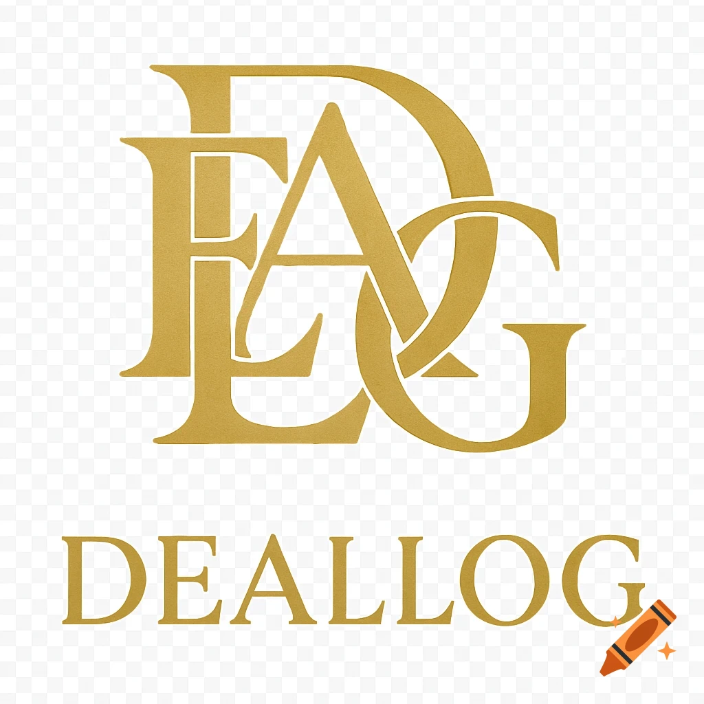 Gold monogram logo for 'DEALLOG' with interwoven elegant serif letters and the word 'DEALLOG' below, on a transparent background.