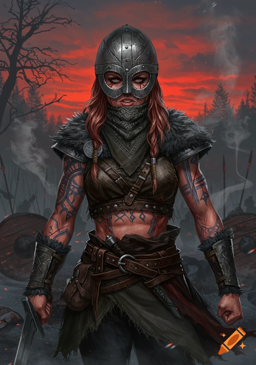 A fierce female Viking warrior in a helmet, bandana mask, and tattooed arms holds a sword against a dark, red-skied battle background.
