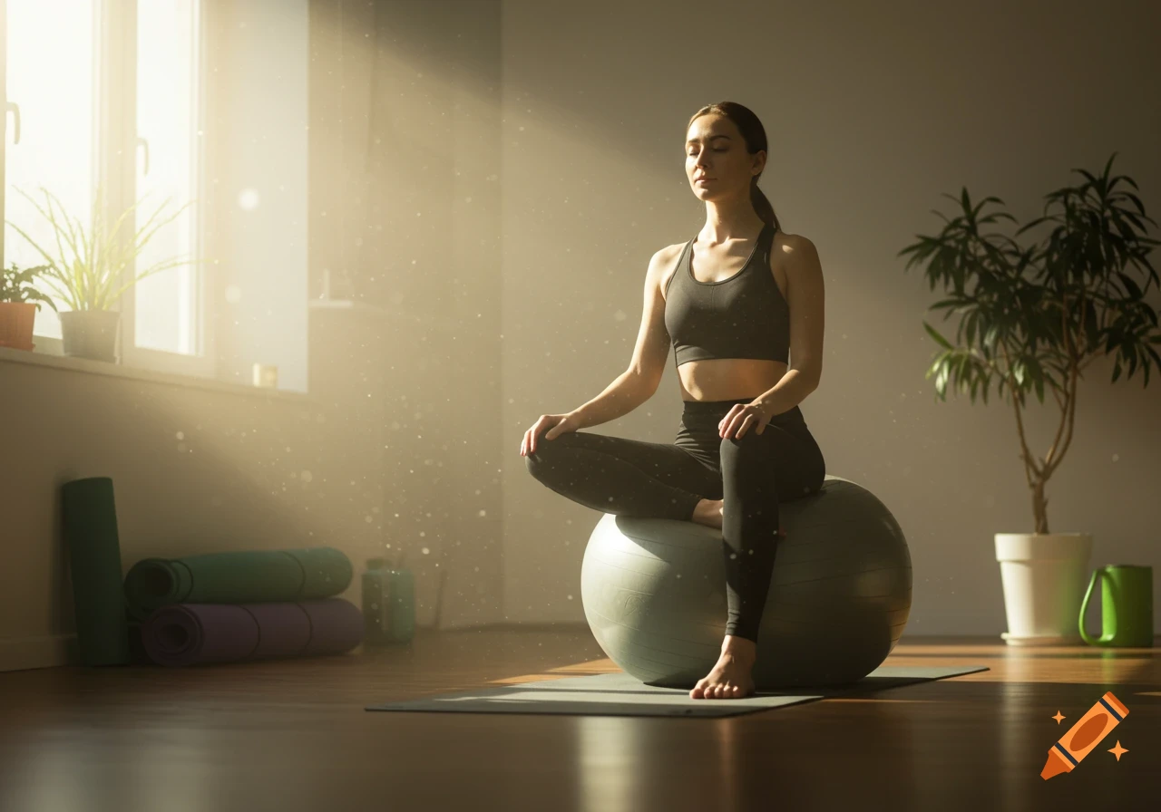 A woman in a sports bra and leggings meditates on a yoga ball in a sunlit room, with yoga mats and plants nearby. Photorealistic.