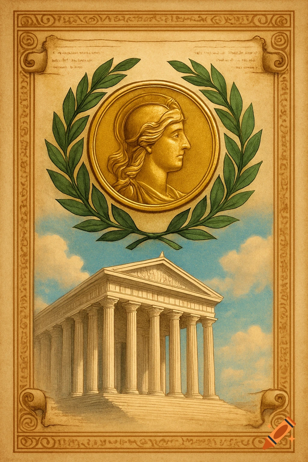 A classical illustration featuring a golden medallion with a woman's profile in relief and a laurel wreath above a Greek temple, framed by an ornate border.