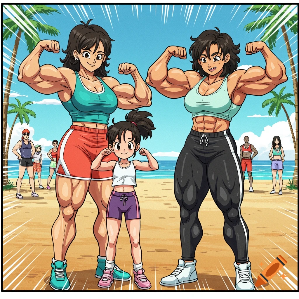 Anime style illustration of two muscular women and a child flexing their arms on Muscle Beach.