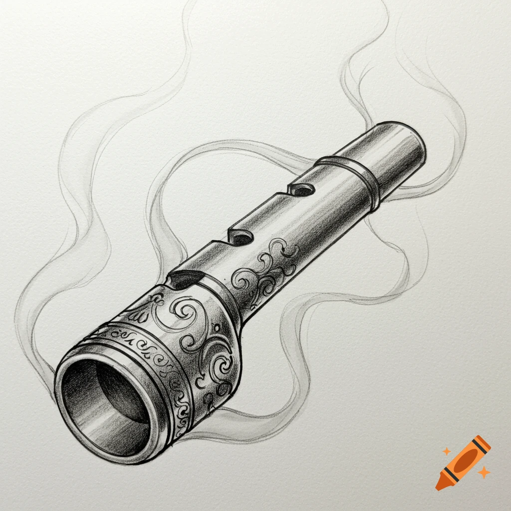 Pencil sketch of an ornate metal whistle or fife with decorative engravings and smoke-like wisps around it.