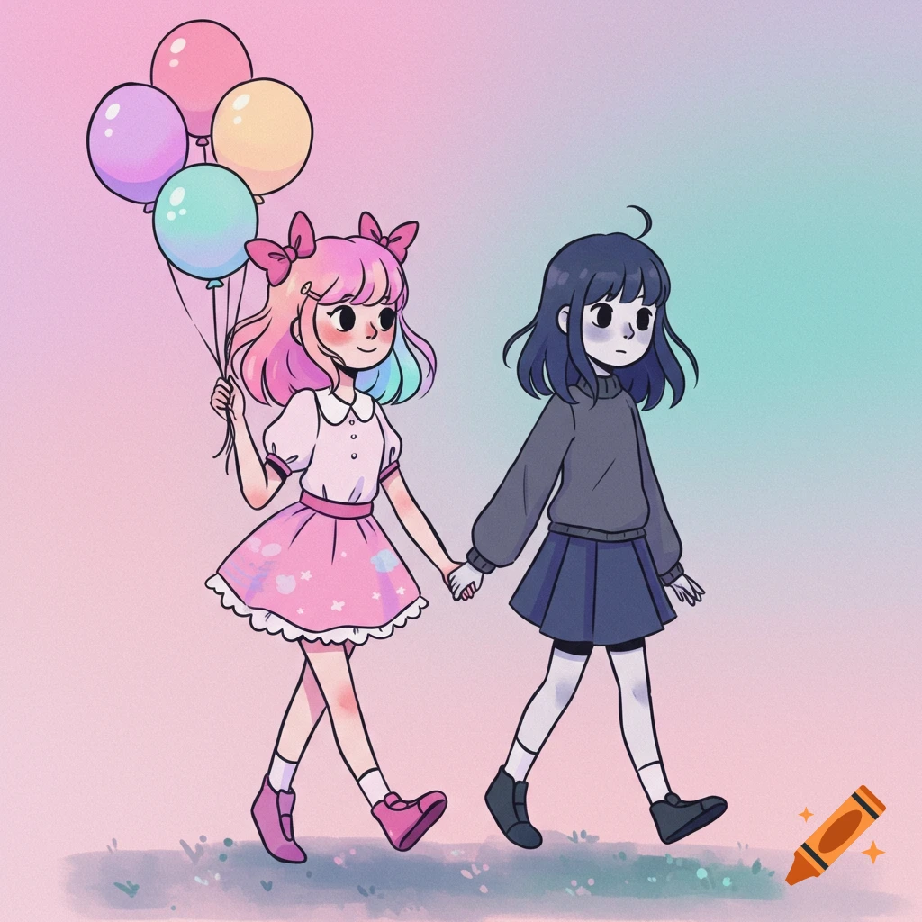 Two cartoon girls holding hands, one with rainbow hair and balloons, the other with dark hair, in soft pastel colors.