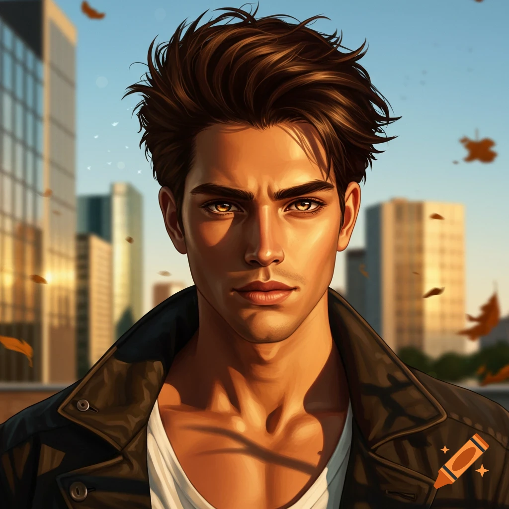 Digital art portrait of a young man with dark brown hair and amber eyes ...