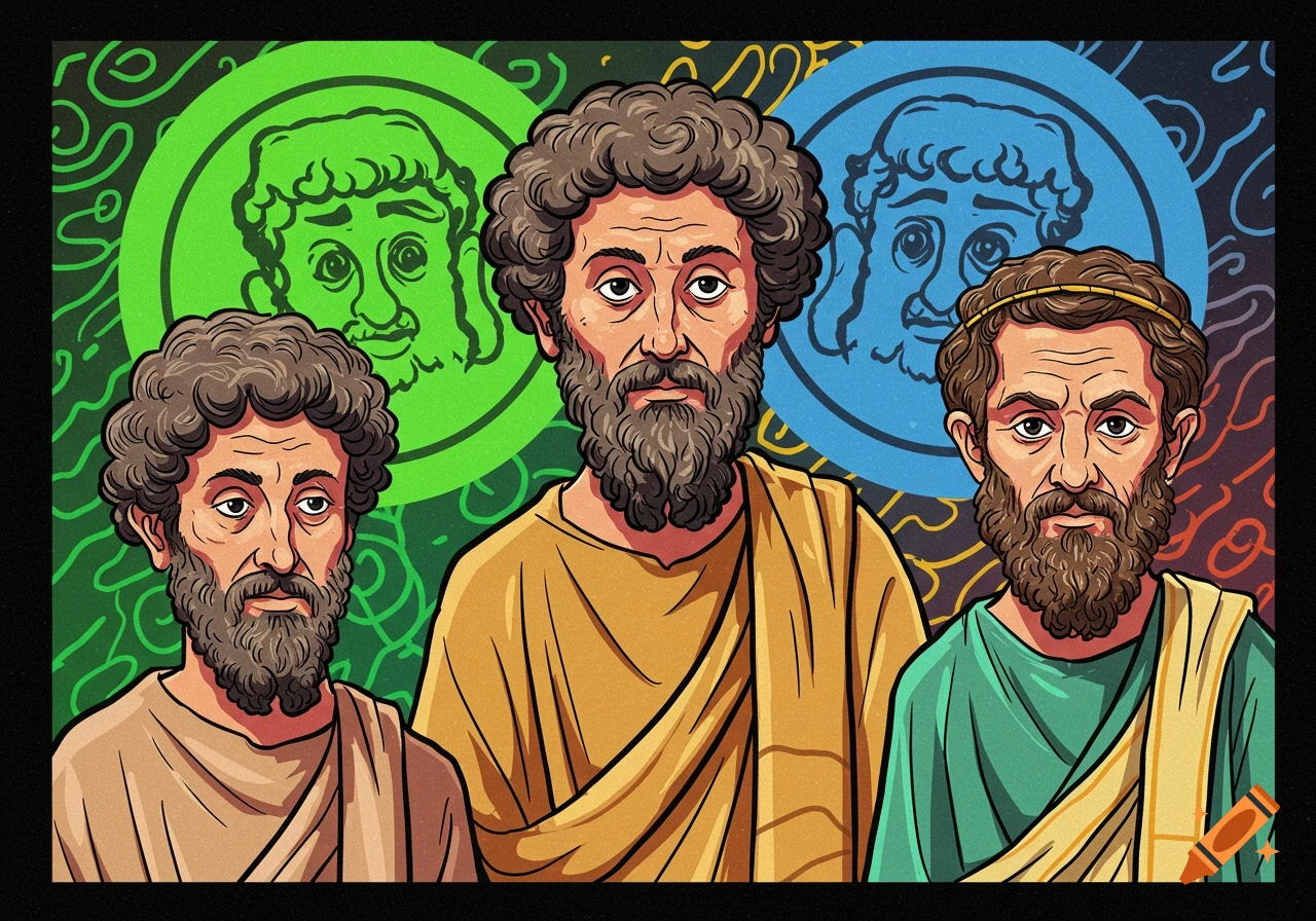Cartoon illustration of three bearded men in ancient robes, in a vibrant 90s pog art style with colorful background disks.