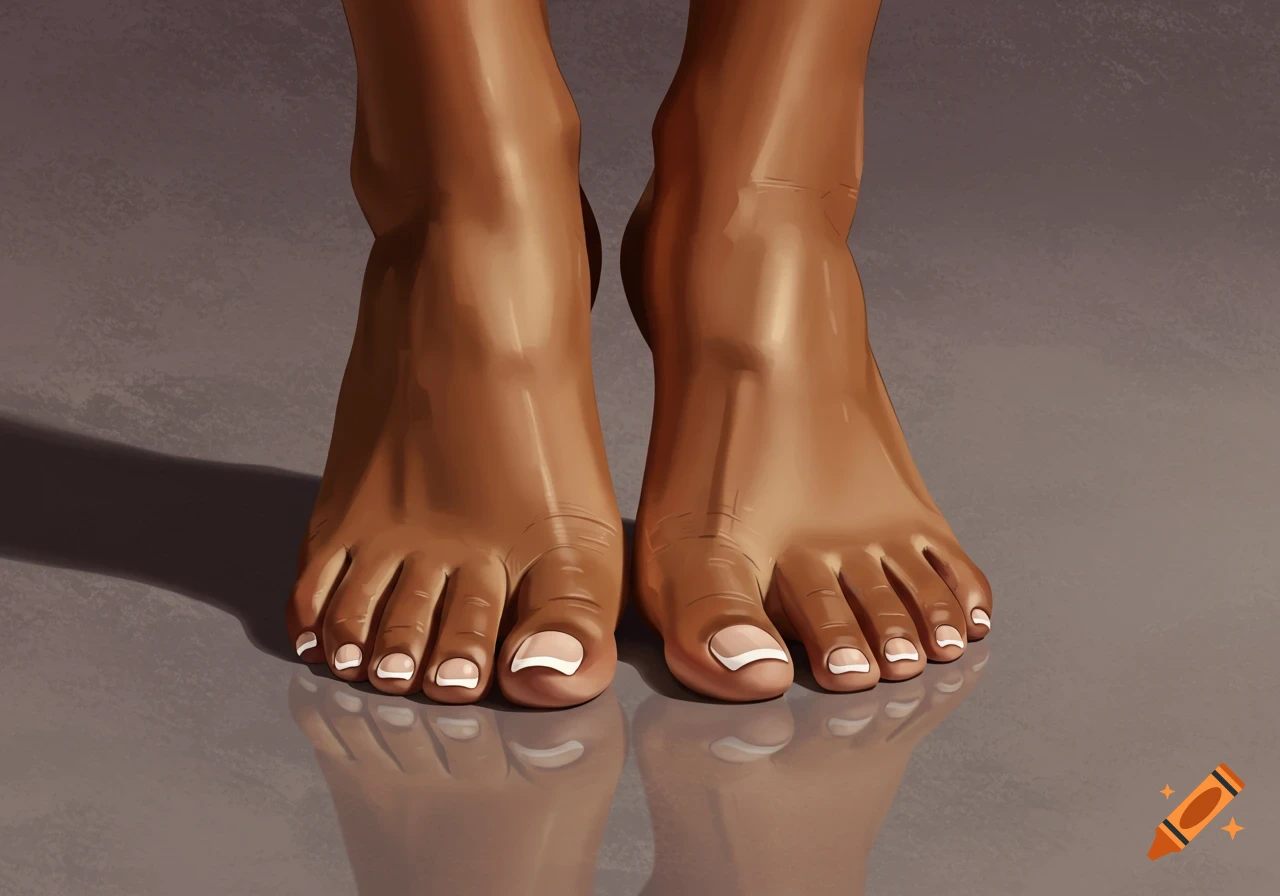 Illustration of bare feet with brown skin and white French tip pedicures, reflecting on a polished surface.