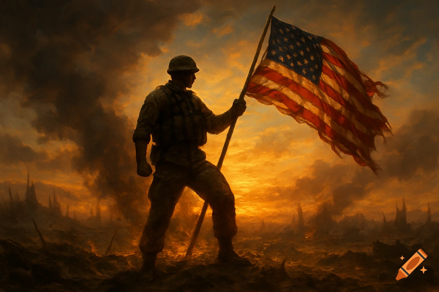 Silhouette of a soldier holding a tattered American flag in a fiery, war-torn landscape at sunset, in a dramatic, painterly style.